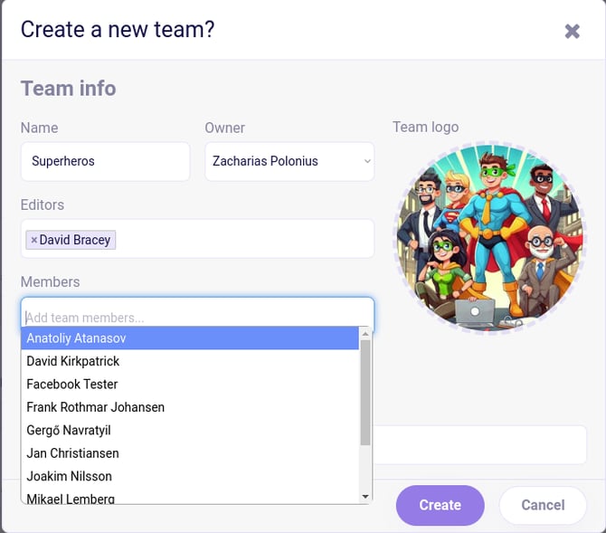 add team with dropdown