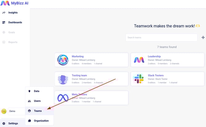 Show and arrow that point to lower left corner with the word Settings and teams